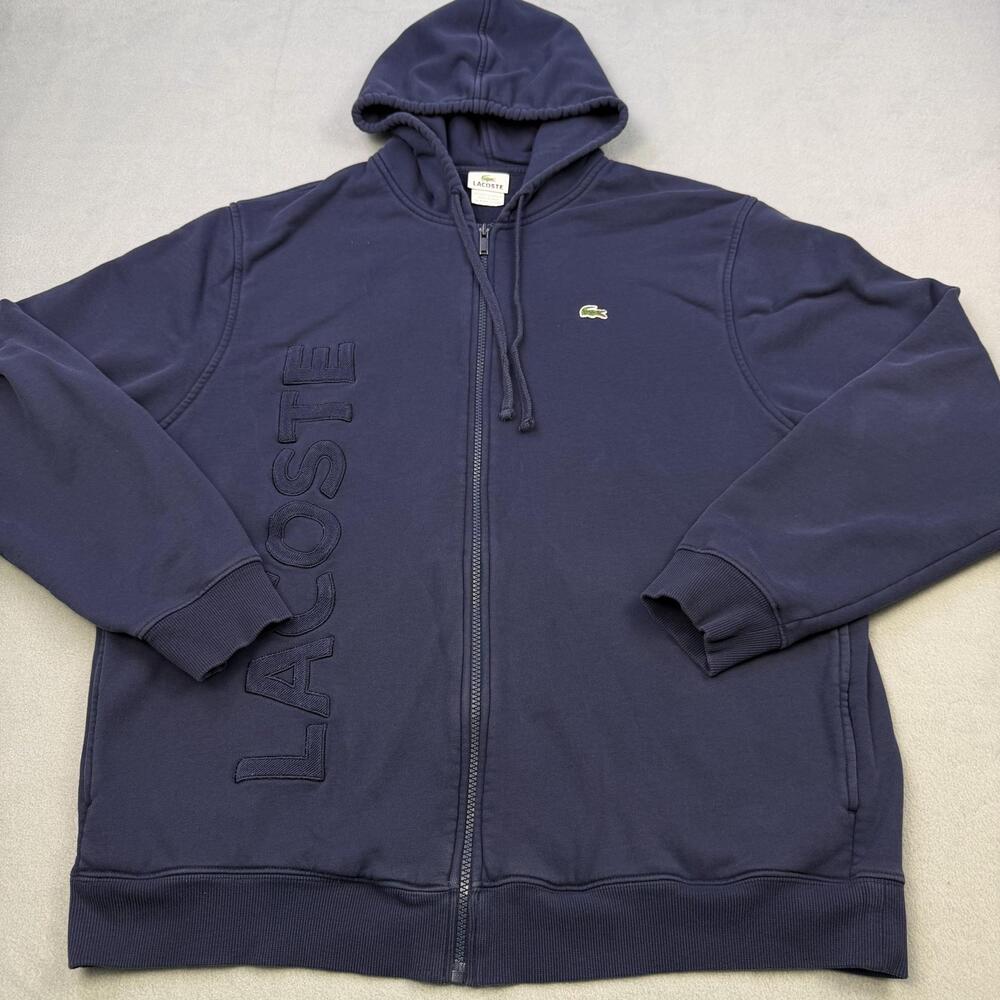 Lacoste Hoodie Mens 2XL Blue Full Zip Fleece Big Embroidered Logo Crocodile